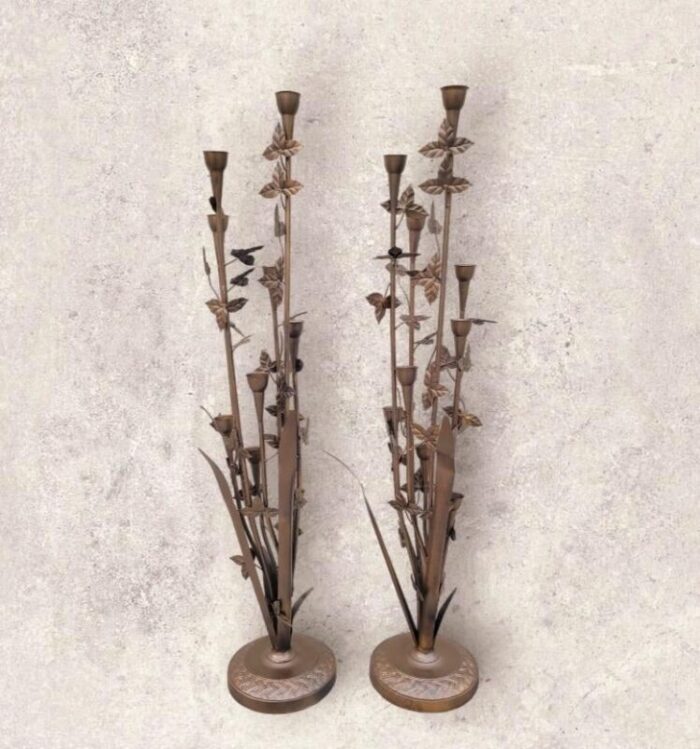 rare monumental antique hans kogl style solid iron tole bronze leaf floor standing 7 cup candle holders a pair 6342