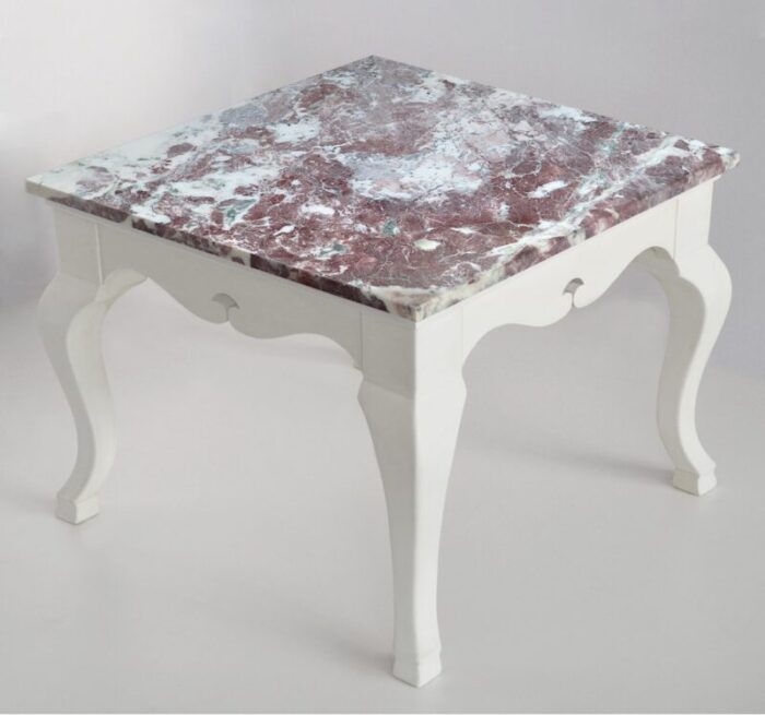 red marble square side table top white lacquered wooden base handmade from cupioli 1