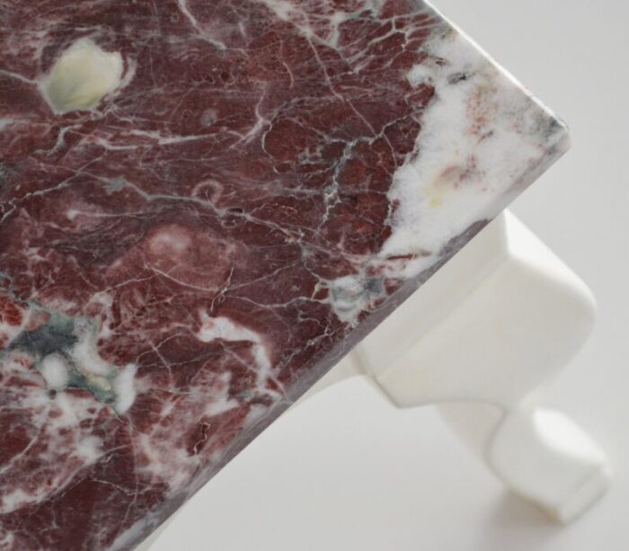 red marble square side table top white lacquered wooden base handmade from cupioli 3