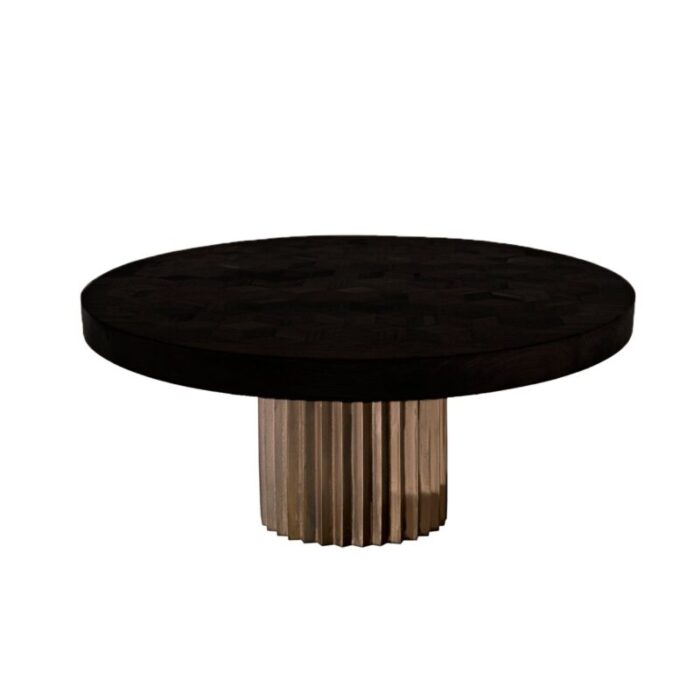 round ebonized reclaimed oak and cast bronze doris pedestal dining table by fred juul 1