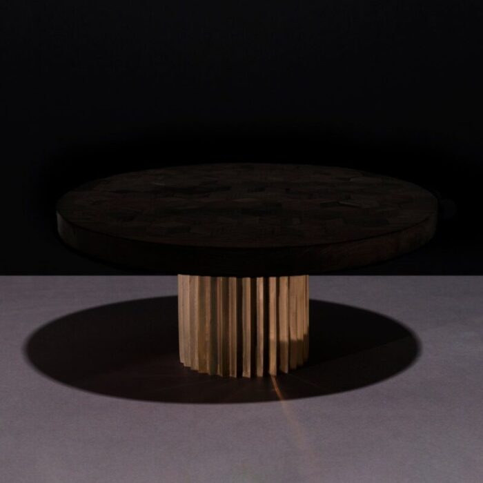 round ebonized reclaimed oak and cast bronze doris pedestal dining table by fred juul 2