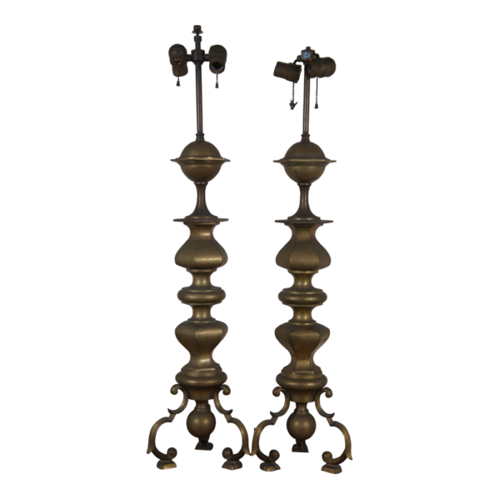 set of 2 chapman mid century hollywood regency stacked brass baluster table lamps 4819