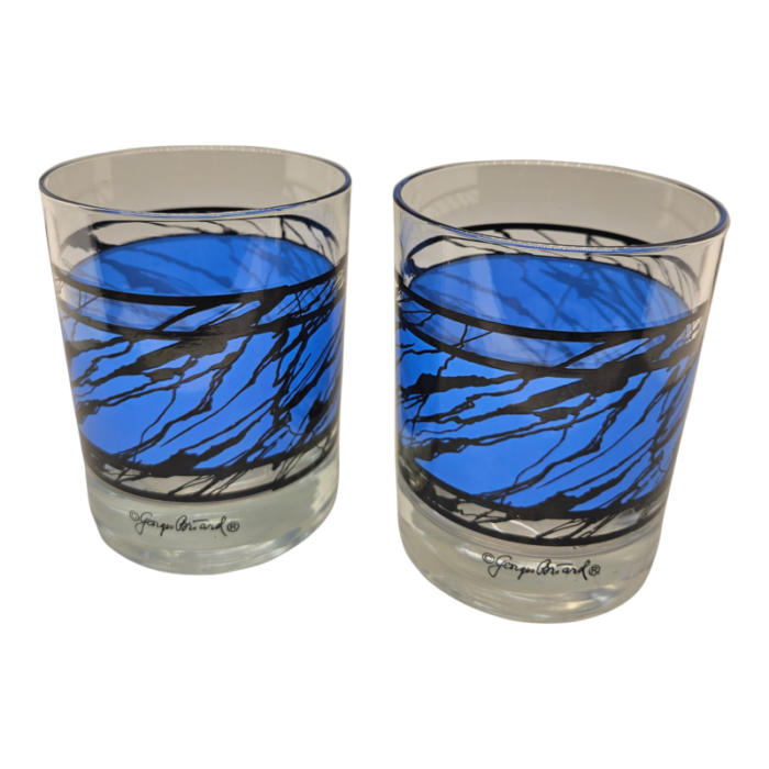 set of 2 georges briard black and blue low ball glasses drizzle design 3118