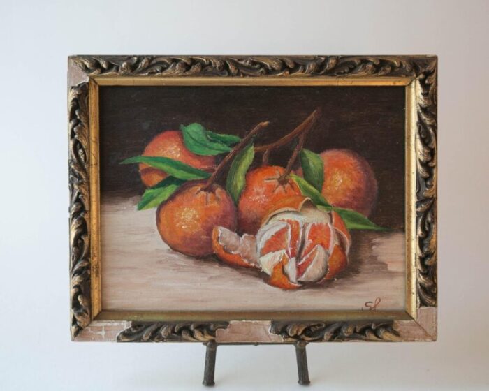 signed still life painting of oranges oil on wood panel 2098