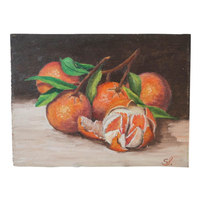 signed still life painting of oranges oil on wood panel 4139