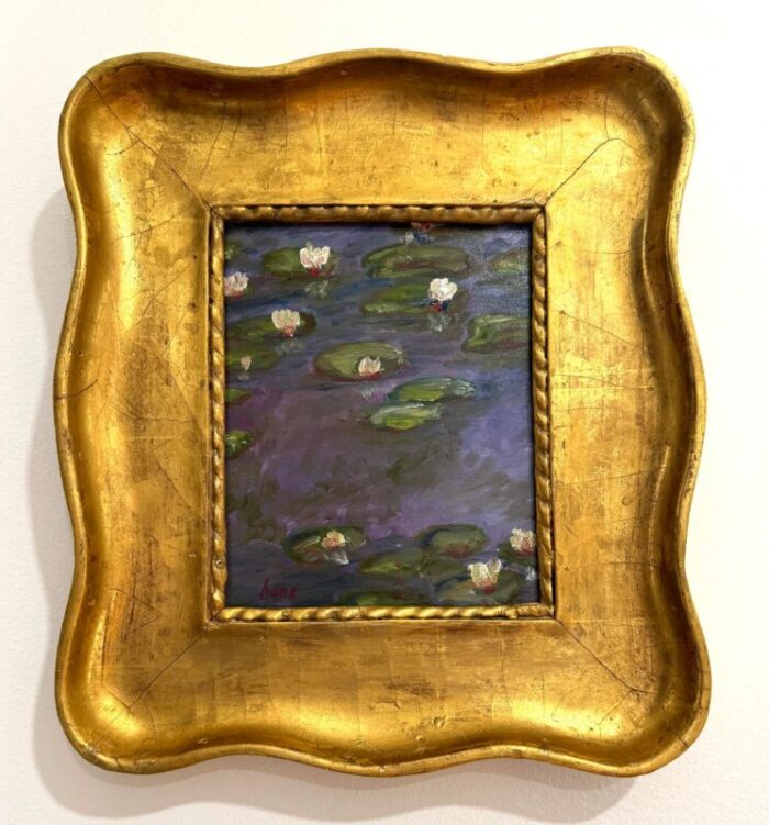 signed waterlilies painting in gilded custom frame 4752