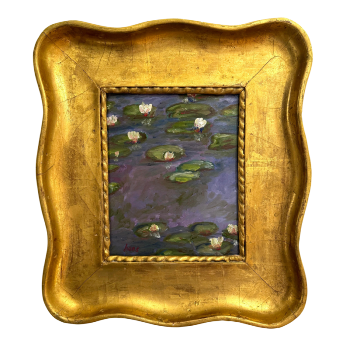 signed waterlilies painting in gilded custom frame 7000