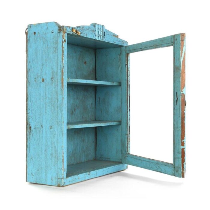 small wooden showcase with blue patina 2 1