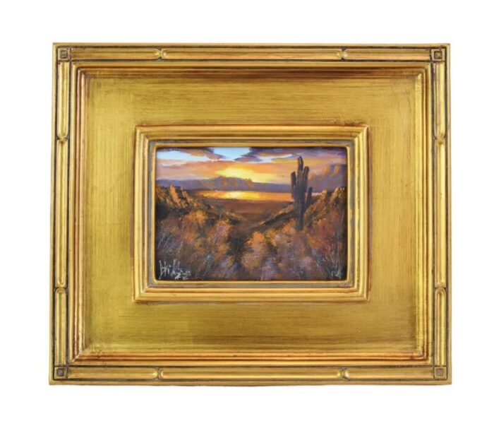 southwestern sunset canyon and saguaro cactus landscape oil painting w antiqued gold wood frame 0356