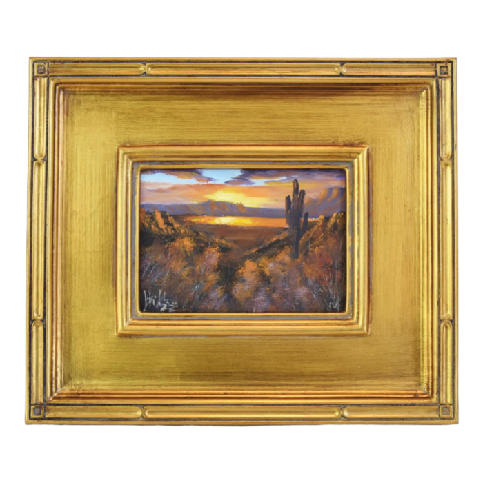 southwestern sunset canyon and saguaro cactus landscape oil painting w antiqued gold wood frame 1853