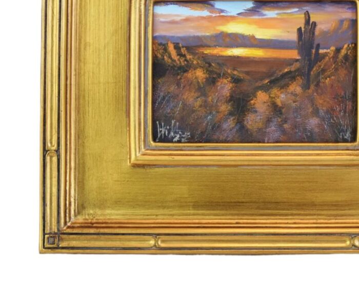 southwestern sunset canyon and saguaro cactus landscape oil painting w antiqued gold wood frame 4544