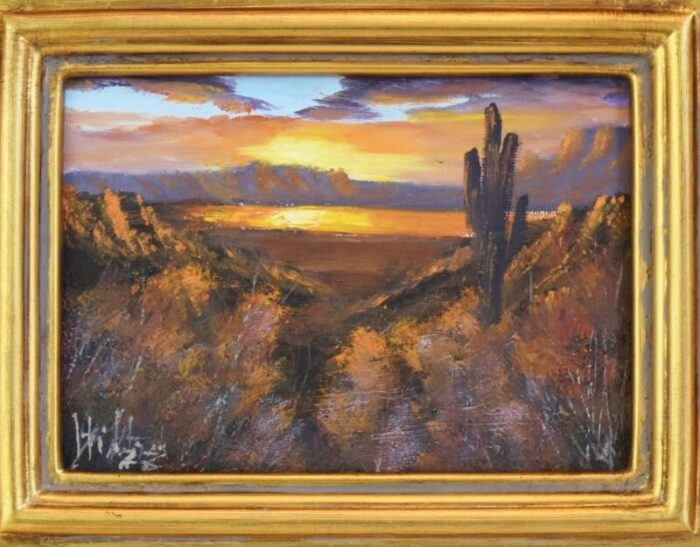 southwestern sunset canyon and saguaro cactus landscape oil painting w antiqued gold wood frame 7934