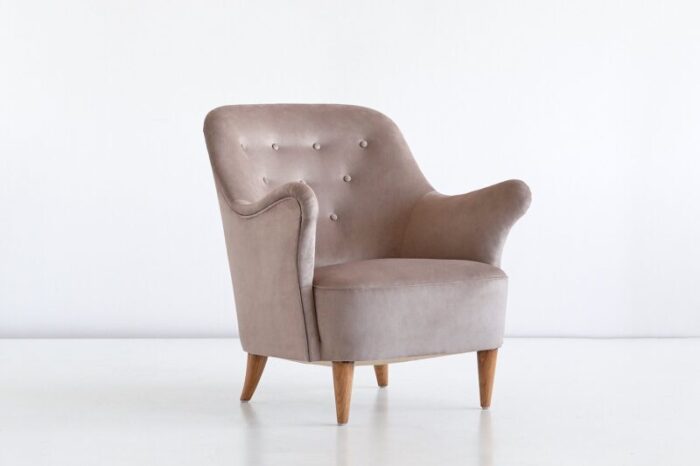 swedish taupe velvet and elm armchair by elsa gullberg 1930s 1