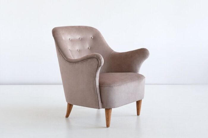 swedish taupe velvet and elm armchair by elsa gullberg 1930s 3