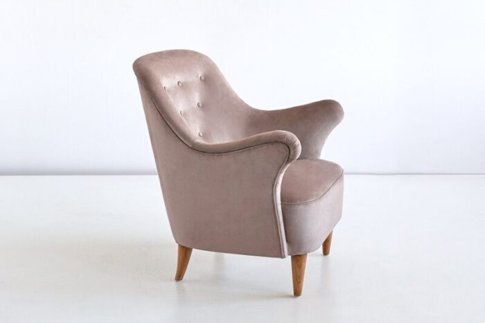 swedish taupe velvet and elm armchair by elsa gullberg 1930s 5