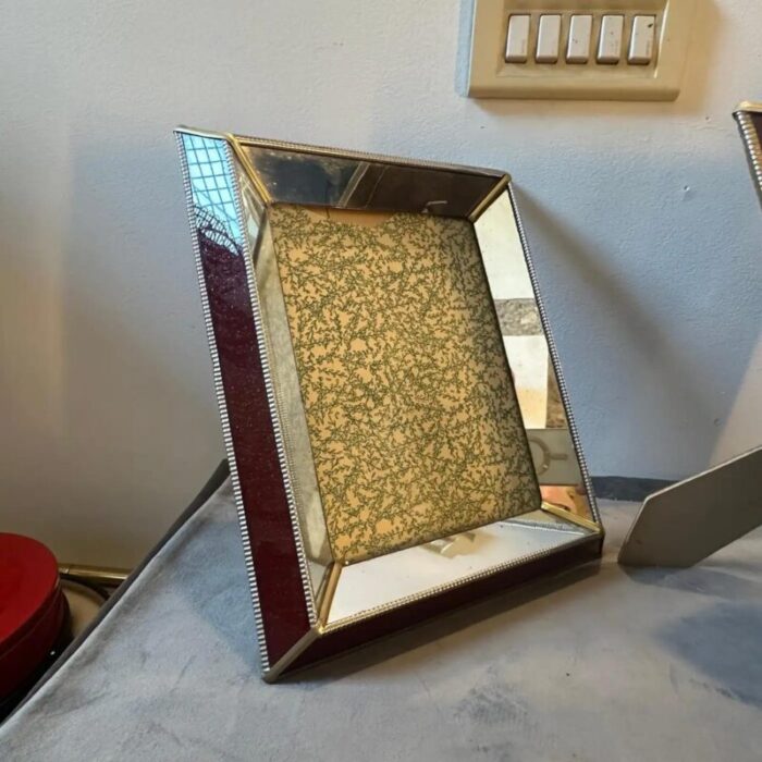 two 1930s art deco brass burgundy and mirrored glass italian picture frames 0105