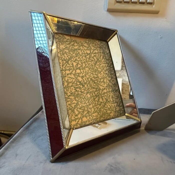 two 1930s art deco brass burgundy and mirrored glass italian picture frames 7096