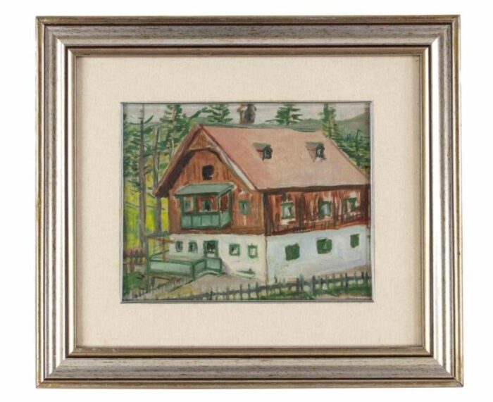 unknown mountain house drawing in tempera mid 20th century framed 9728