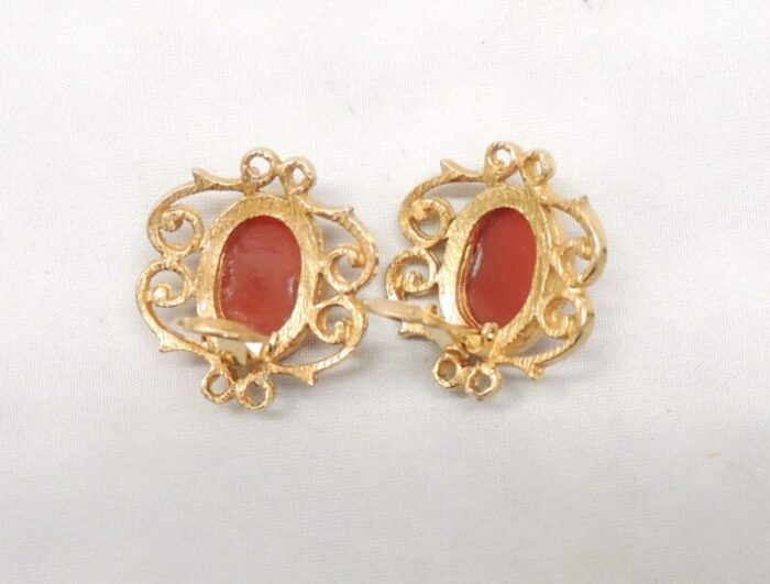 vintage 1960s signed denicola cabochon faux carnelian clip earrings set of 2 0856