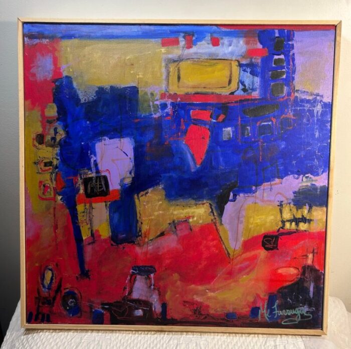 vintage 1980s abstract painting red gold and blue 20 x 20 0473