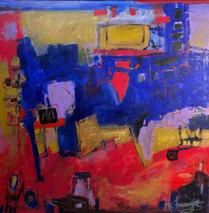 vintage 1980s abstract painting red gold and blue 20 x 20 6818