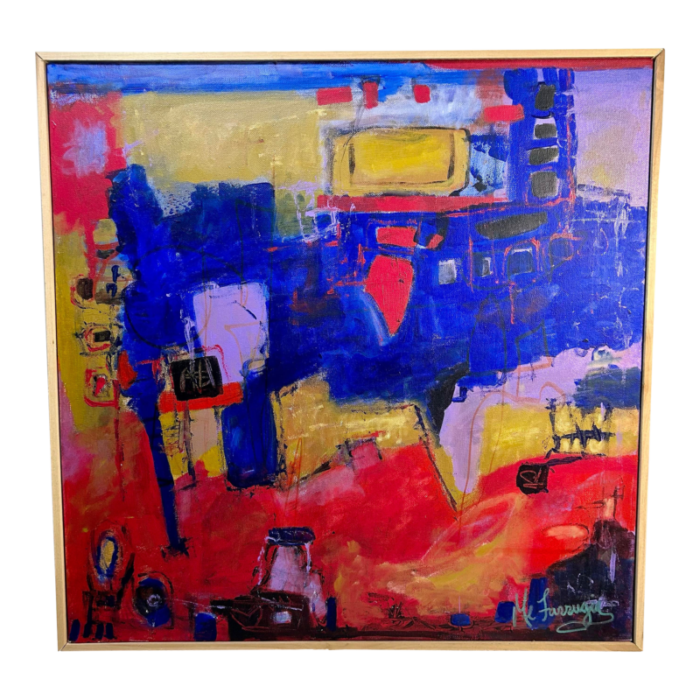 vintage 1980s abstract painting red gold and blue 20 x 20 7560