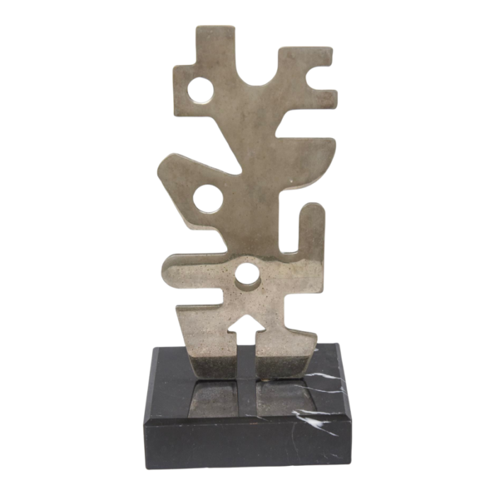 vintage abstract steel cubist style sculpture on black veined marble base 0380