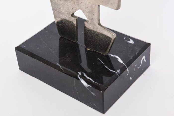 vintage abstract steel cubist style sculpture on black veined marble base 8640