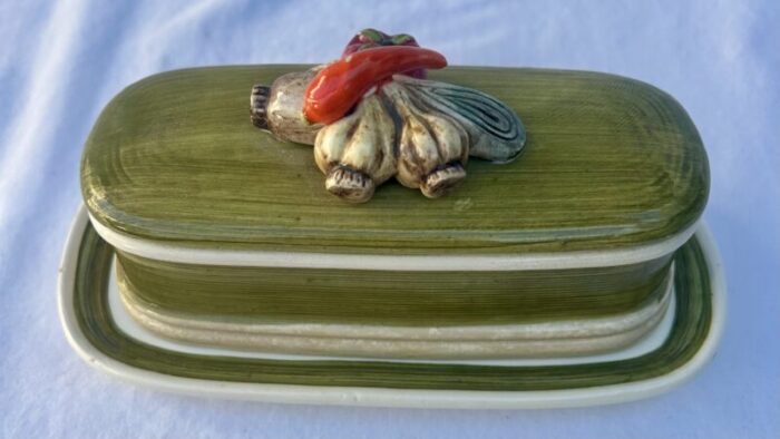 vintage americana garden harvest majolica hand painted butter dish 0751