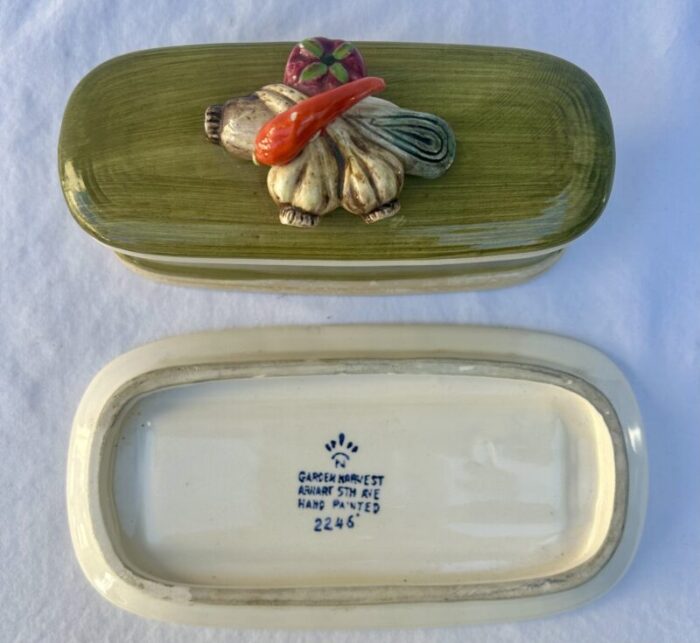 vintage americana garden harvest majolica hand painted butter dish 8656