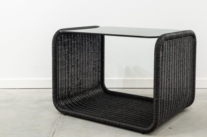 vintage black wicker and glass side table 1970s 2