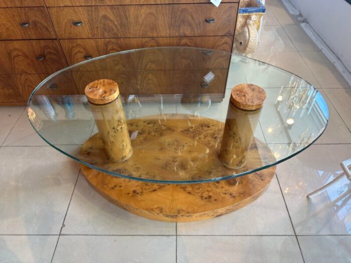 vintage burl burled wood coffee cocktail table oval glass top mid century modern 2402