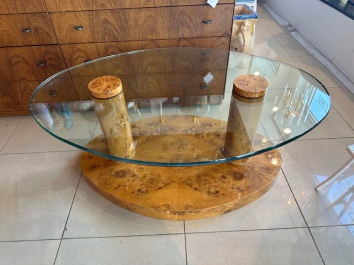 vintage burl burled wood coffee cocktail table oval glass top mid century modern 5508