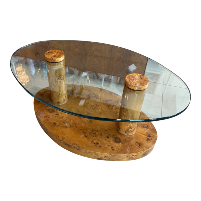 vintage burl burled wood coffee cocktail table oval glass top mid century modern 5686