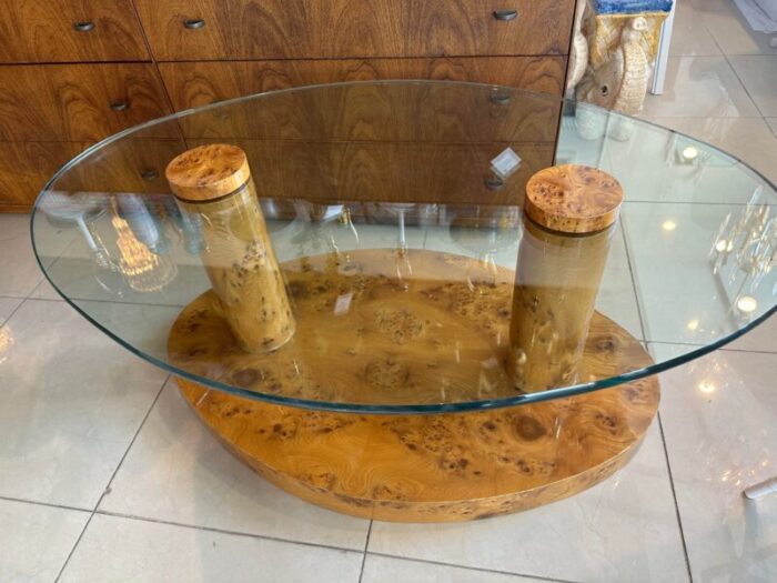 vintage burl burled wood coffee cocktail table oval glass top mid century modern 8890