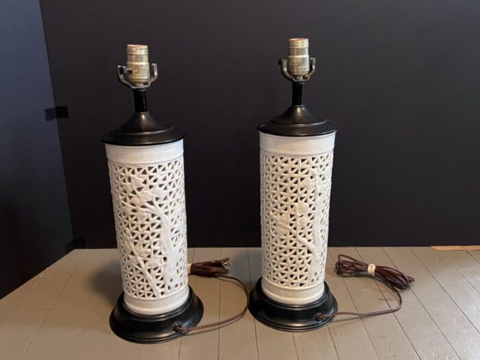 vintage chinese blanc dechine white ceramic lamps wood base set of two 3752