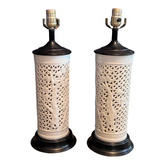 vintage chinese blanc dechine white ceramic lamps wood base set of two 7848