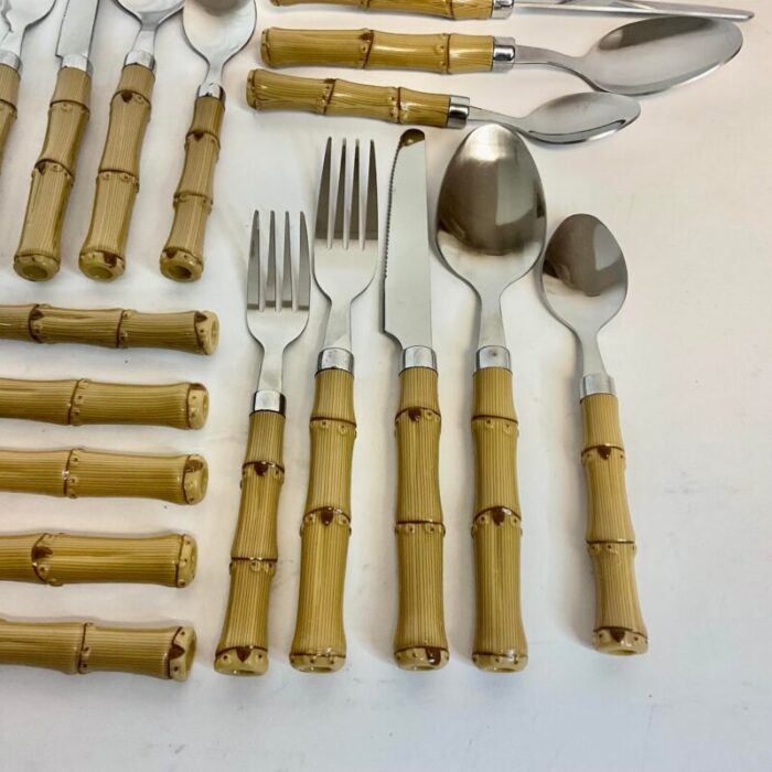 vintage chinoiserie boho chic stainless and faux bamboo flatware service for 4 20 pieces 0822