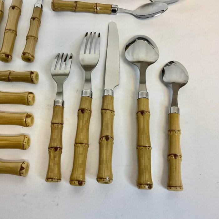 vintage chinoiserie boho chic stainless and faux bamboo flatware service for 4 20 pieces 1548