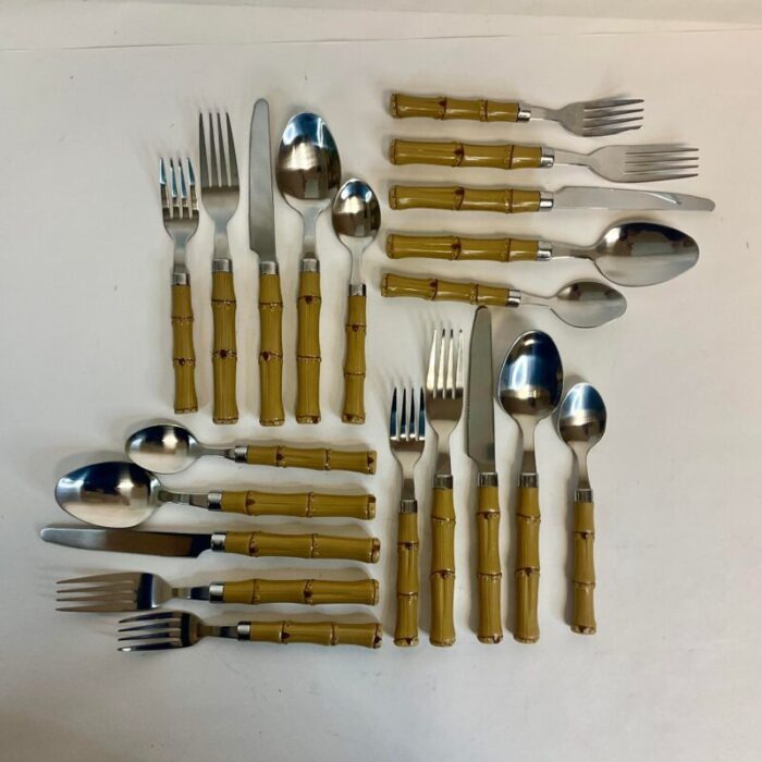 vintage chinoiserie boho chic stainless and faux bamboo flatware service for 4 20 pieces 7214