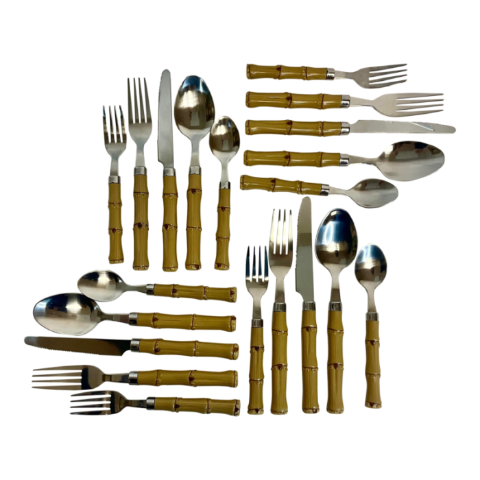 vintage chinoiserie boho chic stainless and faux bamboo flatware service for 4 20 pieces 7499