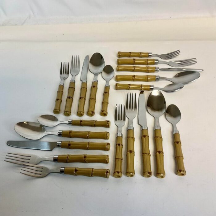 vintage chinoiserie boho chic stainless and faux bamboo flatware service for 4 20 pieces 8598