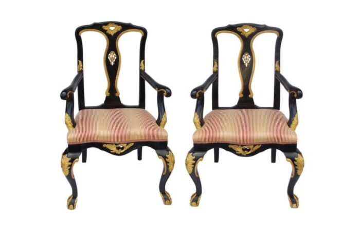 vintage chippendale style carved and lacquered wood lounge chairs set of 2 1