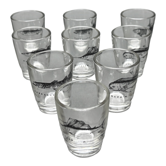 vintage collectable mb fish wahoo sailfish barracuda dolphin tarpon shot glasses set of 9 8591