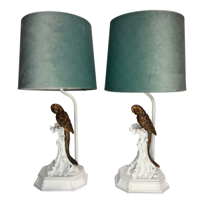 vintage dorothy draper style newly painted white and gilded parrot table lamps with light blue velvet shades a pair 6916