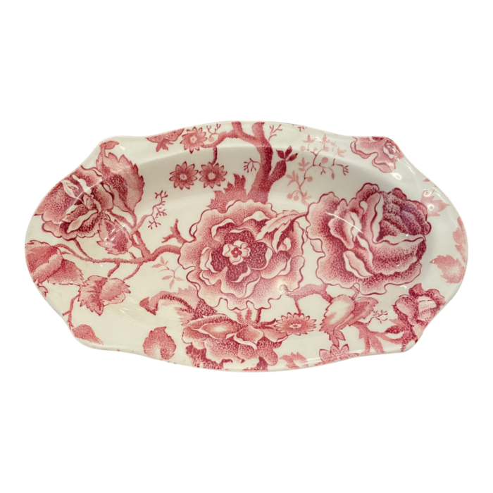 vintage english chippendale oval serving bowl by johnson bros england design patent 103232 salmon flowers on white 1290