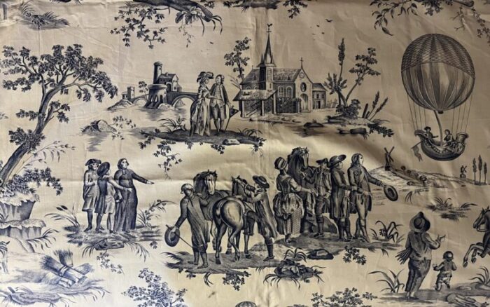 vintage french blue and white toile de jouy fabric panel with country scenes of hot air balloons and horses 2604