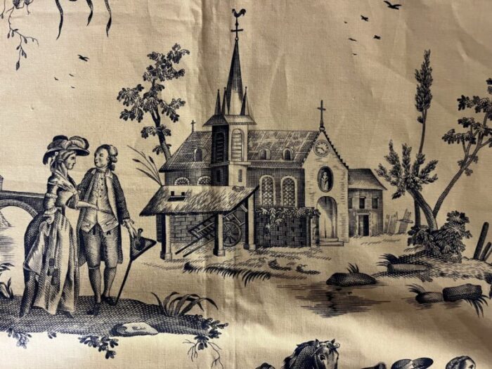 vintage french blue and white toile de jouy fabric panel with country scenes of hot air balloons and horses 3042