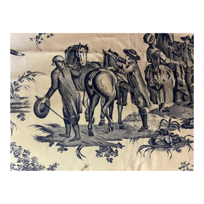 vintage french blue and white toile de jouy fabric panel with country scenes of hot air balloons and horses 3197