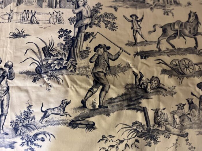 vintage french blue and white toile de jouy fabric panel with country scenes of hot air balloons and horses 3482